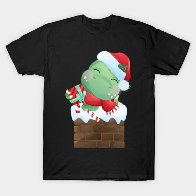 Cute Christmas T Rex Dinosaur Lying On Chimney T-Shirt by P-ashion Tee